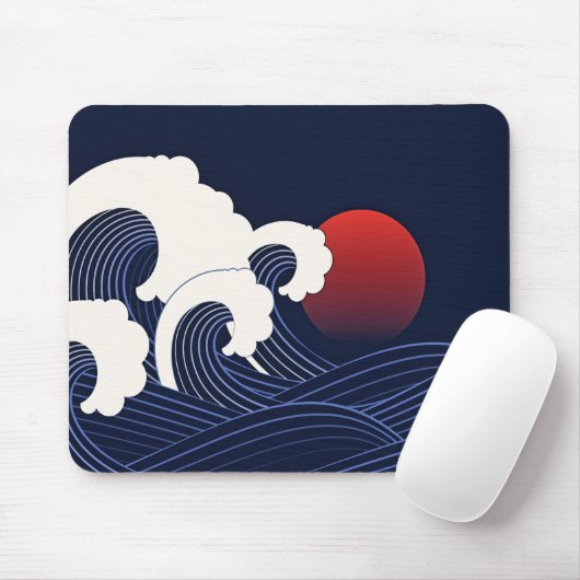 Blaue Welle mit Rotem Mond Mousepad (Mit Mouse)