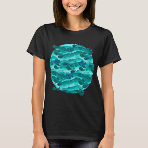 Blaue Wellen Fisch Muster T-Shirt