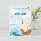 Blaue Wellen gehen zum Geburtstag Einladung (Stehend Vorderseite)