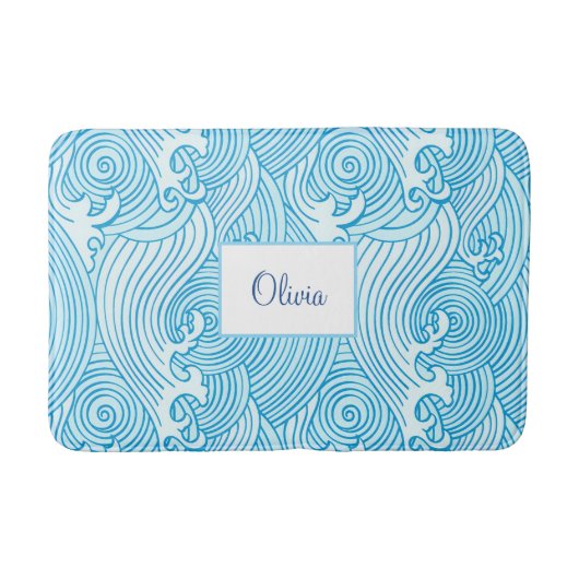 Blaue Wellen monogrammiert Badematte (Vorderseite)