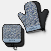 Blaue Wellen Ofenhandschuh & Topflappen-Set (Vorderseite/Rückseite)