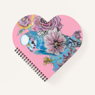 Blaue Wellensittich-Rose-Wasserfarbe-Rosa-Herz-Not Notizblock