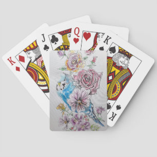 Blaue Wellensittich- und rote Rosen-Blumen-Spielka Spielkarten