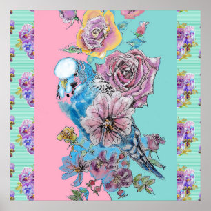 Blaue Wellensittich-Vogel-Rosen-Blumen-Malerei-Aqu Poster