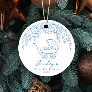Blaue Whimsical Kinderwagen Baby's erstes Weihnach Keramik Ornament