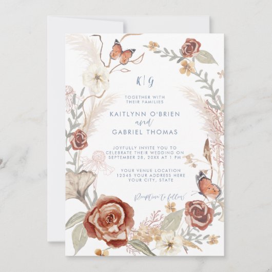 Blaue Wildblume Blumenreath Butterfly Grüne Einladung (Vorderseite)