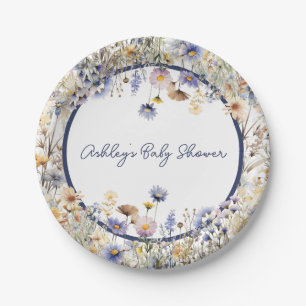 Blaue Wildblume Boho Personalisierte Babyparty Pappteller