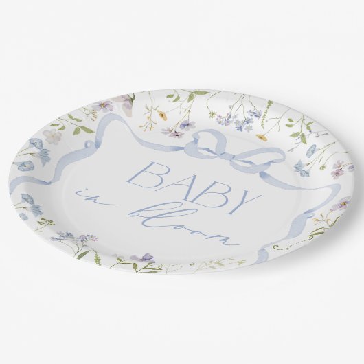 Blaue Wildblume Bow Babydusche Pappteller (Schrägansicht)