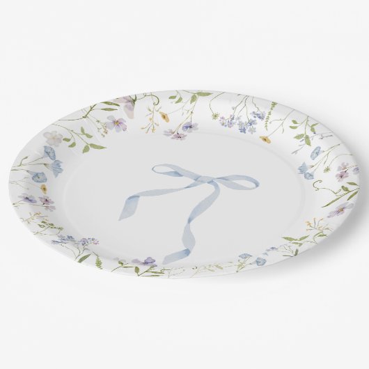 Blaue Wildblume Bow Babydusche Pappteller (Schrägansicht)