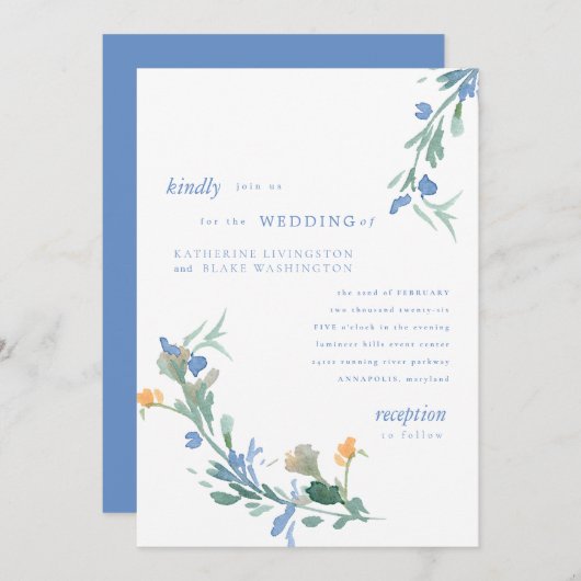 Blaue Wildblume - farbenfrohe Hochzeit Einladung (Vorne/Hinten)