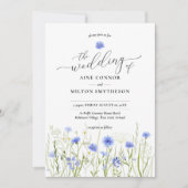 Blaue Wildblume Hochzeit, würdevoller Schriftart, Einladung (Vorderseite)