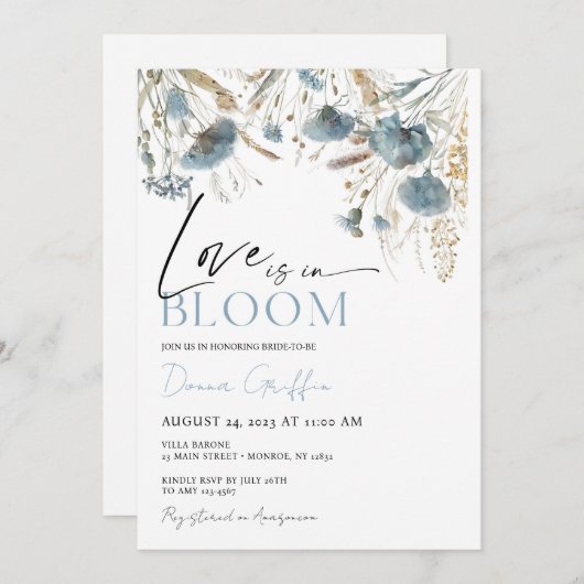 Blaue Wildblume Liebe ist in Bloom Invite Einladung (Vorne/Hinten)