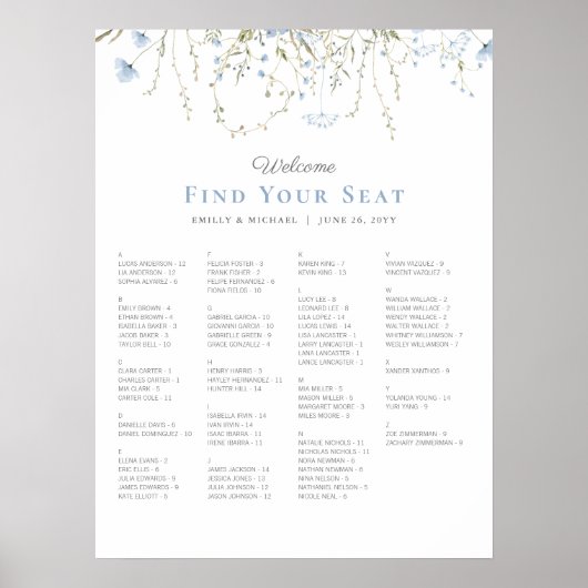 Blaue Wildblume Periwinkle Hochzeitstabelle Poster (Vorne)