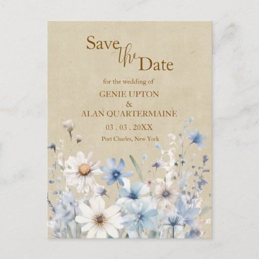 Blaue Wildblume Save the Date Postkarte (Vorderseite)
