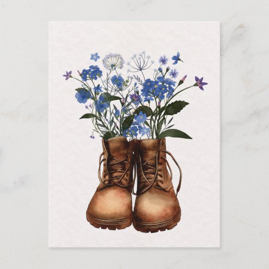 Blaue Wildblume Wanderstiefel Außenbereich Postkarte (Vorderseite)