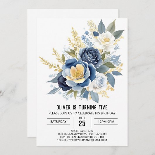 Blaue Wildblumen Blumengeburt Einladung (Vorne/Hinten)