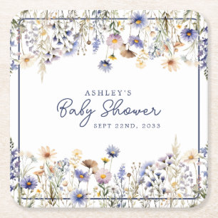 Blaue Wildblumen Boho Aquarell-Baby-Party Rechteckiger Pappuntersetzer
