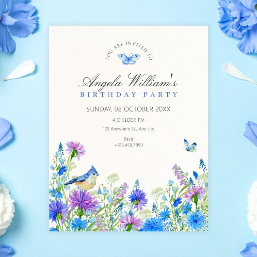 Blaue Wildblumen Geburtstag Einladung