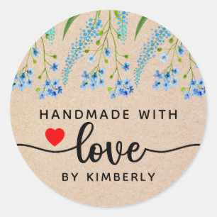 Blaue Wildblumen handgefertigt mit Liebe Classic R Runder Aufkleber