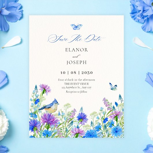 Blaue Wildblumen-Hochzeit Save The Date