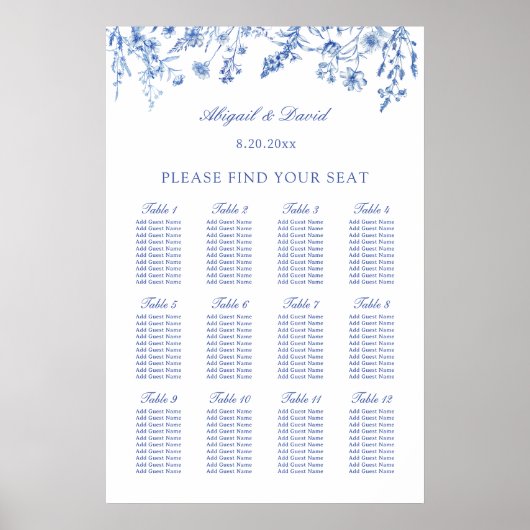 Blaue Wildblumen-Hochzeit Sitzordnung Poster (Vorne)
