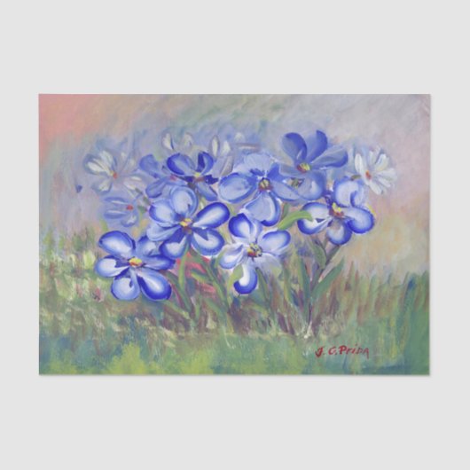 Blaue Wildblumen in einer Feld-feine Kunst-Malerei Seidenpapier (Vorderseite)