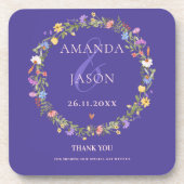 Blaue Wildblumen Lila-Gelbe Blumenhochzeit Getränkeuntersetzer (Vorderseite)