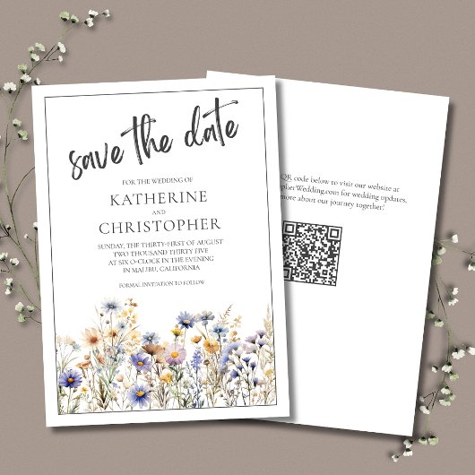 Blaue Wildblumen Moderne Elegante Hochzeit mit Blu Save The Date