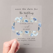 Blaue Wildblumen Rahmen Save the Date elegant Acryleinladungen (Insitu (Handheld))