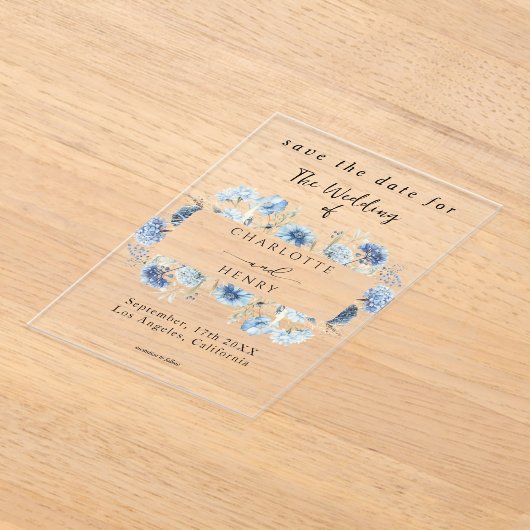 Blaue Wildblumen Rahmen Save the Date elegant Acryleinladungen (Ablage )