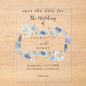 Blaue Wildblumen Rahmen Save the Date elegant Acryleinladungen (Vorderseite)