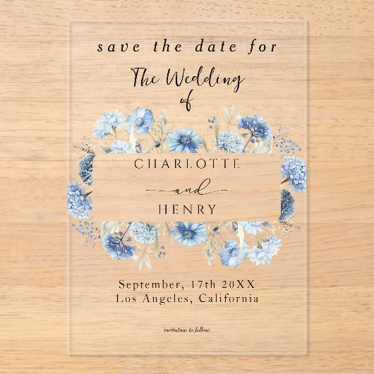 Blaue Wildblumen Rahmen Save the Date elegant Acryleinladungen (Vorderseite)