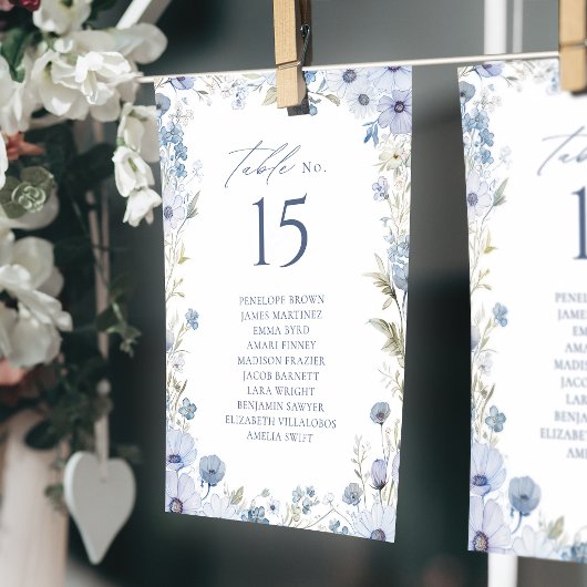 Blaue Wildblumen-Rand-Tischnummer-Sitzplan Einladung