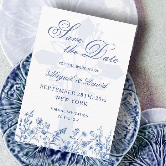 Blaue Wildblumen Religiöse Hochzeit Termin vormerk Save The Date