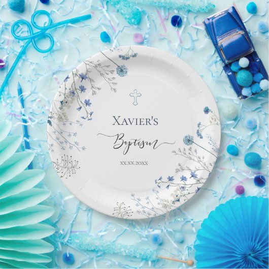 Blaue Wildblumen Taufe Pappteller (Party)