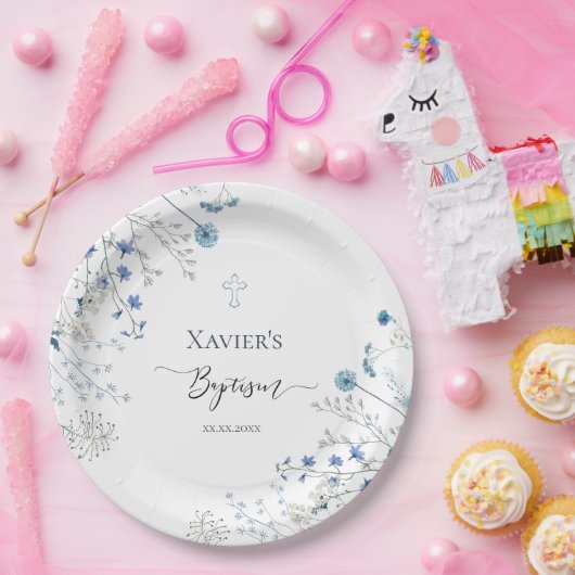 Blaue Wildblumen Taufe Pappteller (Party)