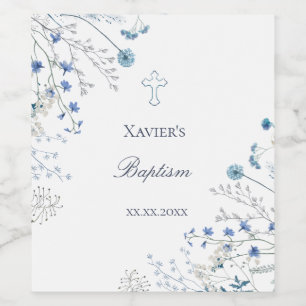 blaue Wildblumen Taufe Weinetikett