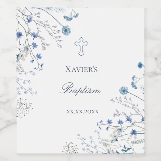 blaue Wildblumen Taufe Weinetikett (Einzelnes Label)
