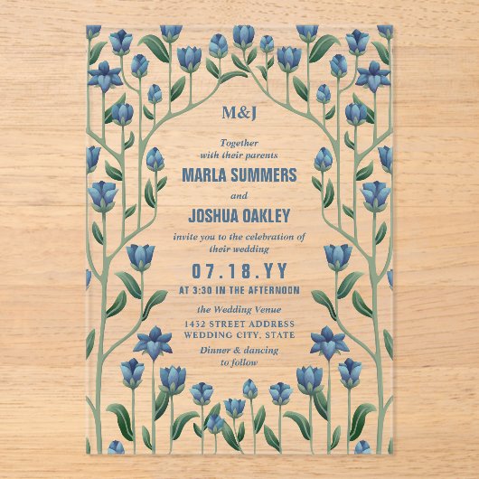 Blaue Wildblumen Vintage Blumenzellenhochzeit Acryleinladungen (Vorderseite)