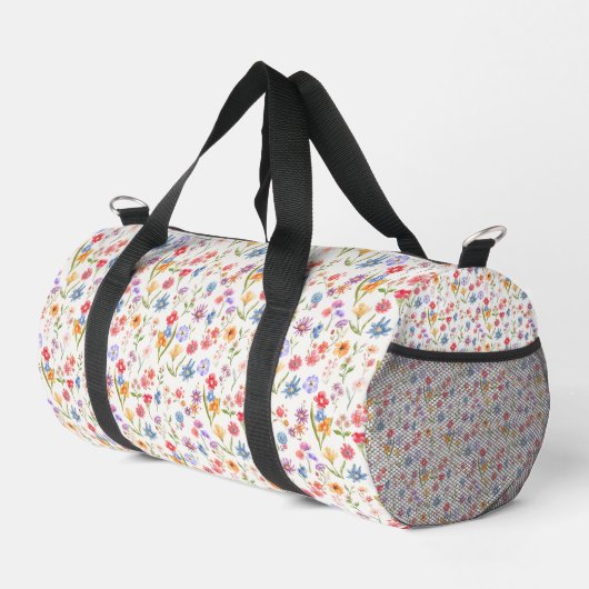 Blaue Wildblumen-Wasserfarbe Lila Duffle Bag (Rechte Ecke)