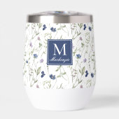 Blaue Wildblumen-Wasserfarbe-Monogramm-Name (Vorderseite)