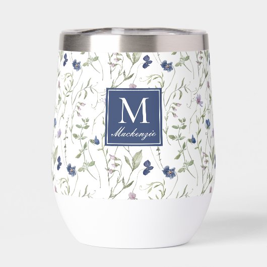 Blaue Wildblumen-Wasserfarbe-Monogramm-Name (Rückseite)