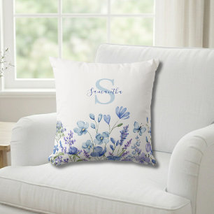 Blaue Wildblumen-Wasserfarbe-Monogramm-Name Kissen