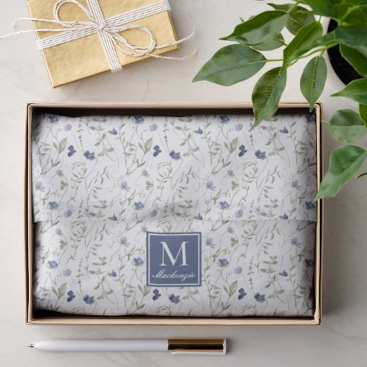 Blaue Wildblumen-Wasserfarben-Monogramm-Name Seidenpapier (Geschenk)