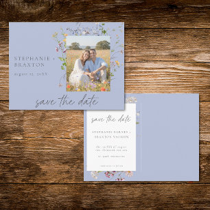Blaue Wildblumengarten Elegante Foto-Save-the-Date Postkarte