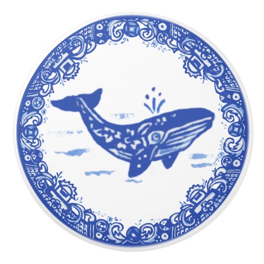 Blaue Willow Design Whale Whimsical Gesichter rech Keramikknauf (Vorderseite)