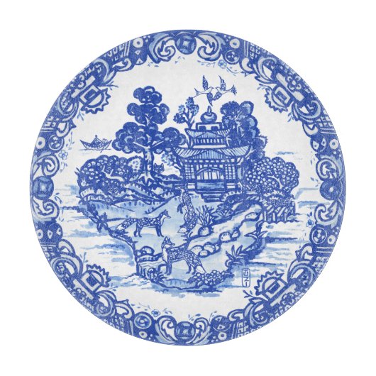 Blaue Willow Fox Whimsical Floral Scene Vögel Schneidebrett (Vorderseite)