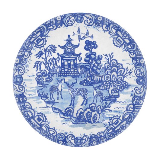 Blaue Willow Hirsche Herde Antike Pagoda Phoenix C Schneidebrett (Vorderseite)
