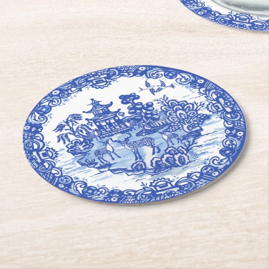 Blaue Willow Hirsche Herde Antike Pagoda Phoenix Runder Pappuntersetzer (Angewinkelt)