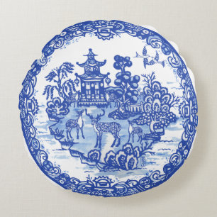 Blaue Willow Hirsche Herde Antike Pagoda Phoenix Rundes Kissen